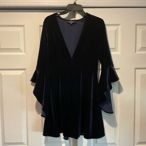 Lulus Wrapped in Luxe Navy Blue Velvet V-Neck Bell Sleeve Dress Y2K Size Large
